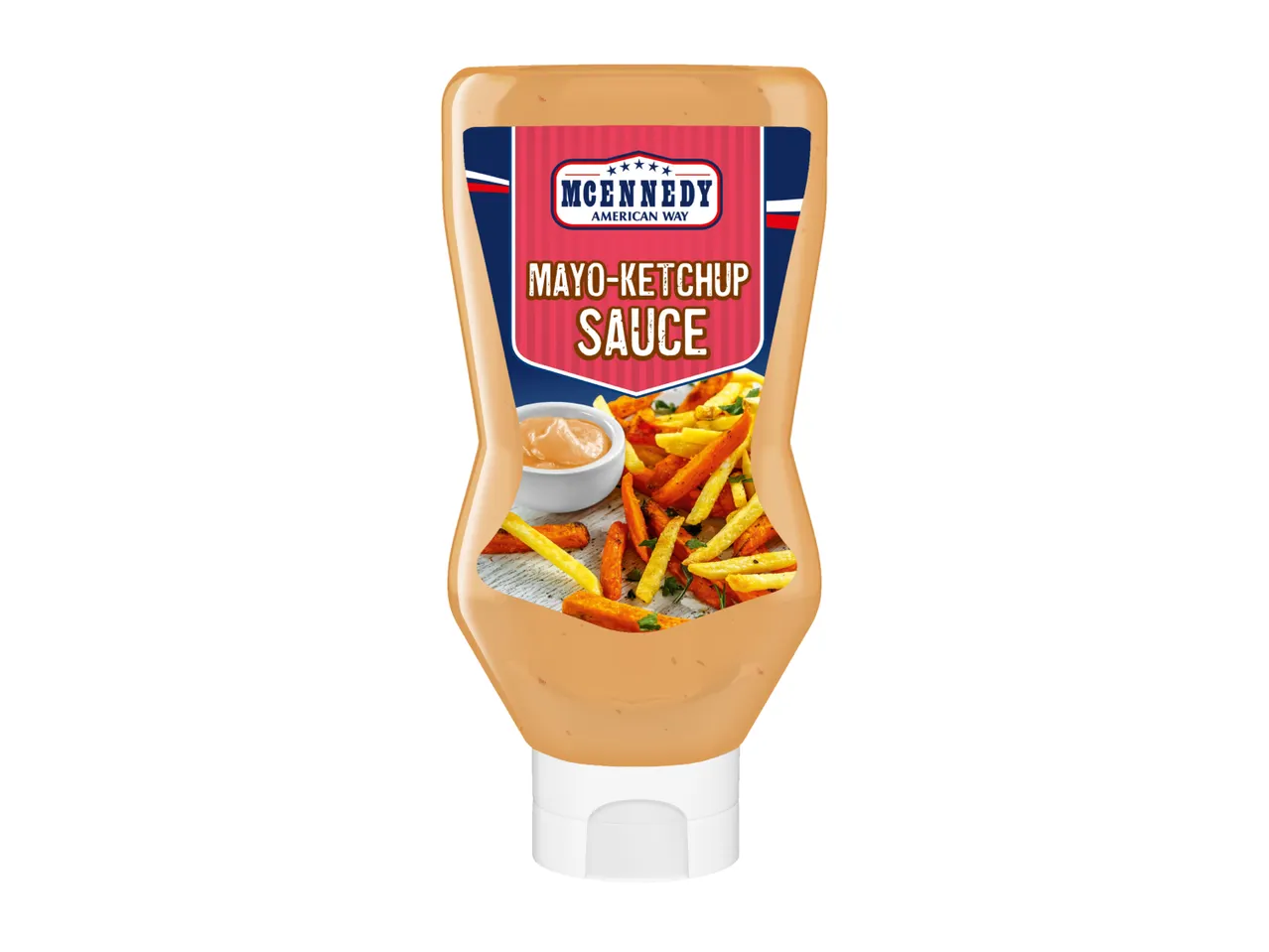 Mayo-ketchup sauce bottle with fries and a dipping bowl on the label.