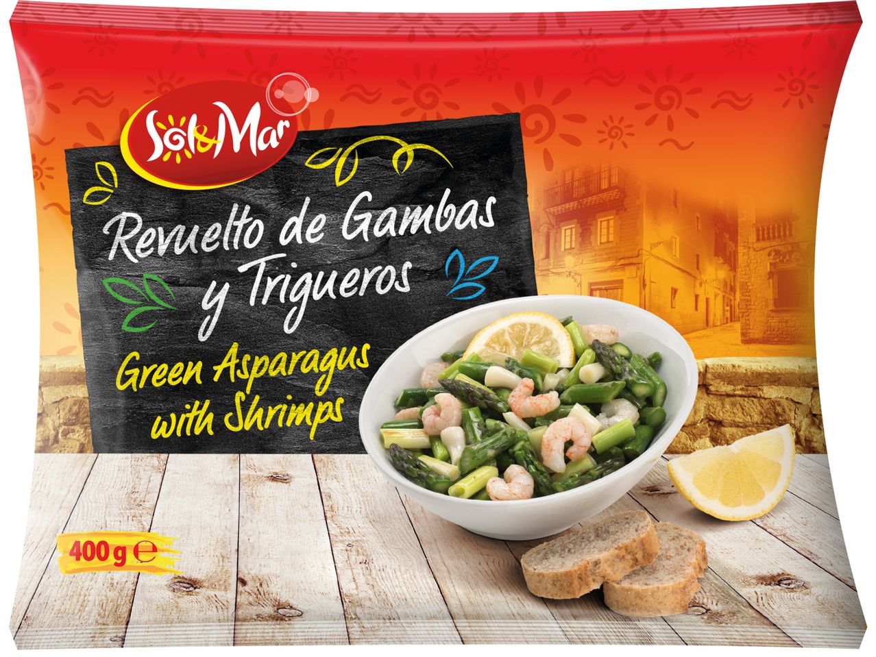Опаковка със замразен микс от скариди и зелени аспержи от Sol & Mar.