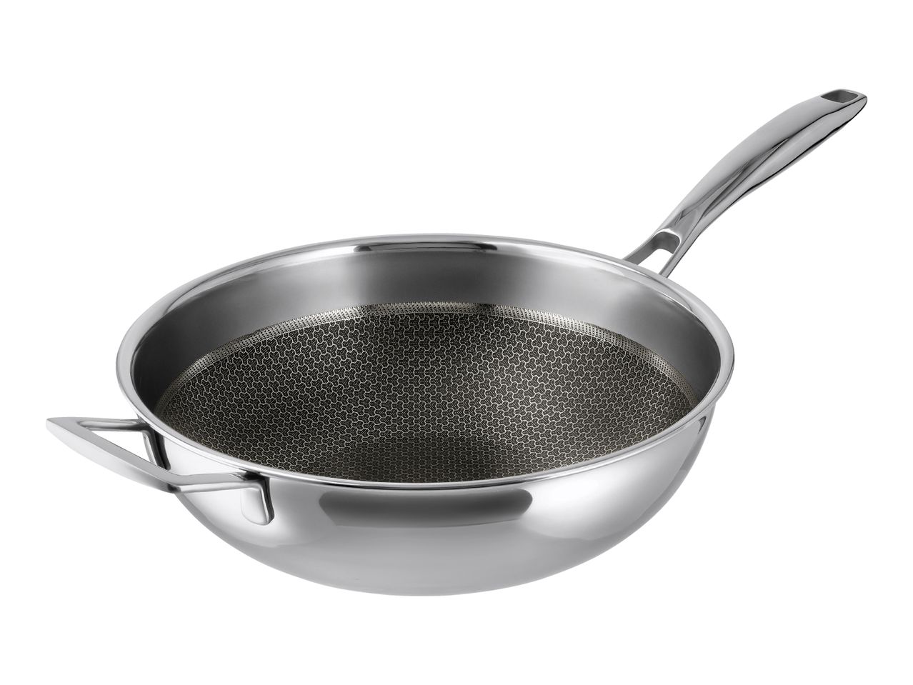 Stainless steel wok with a honeycomb non-stick surface and two handles