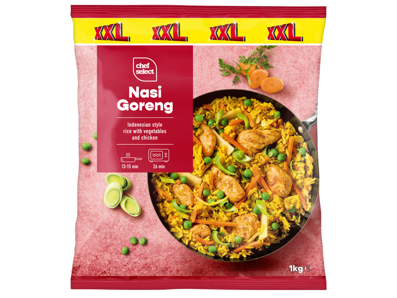 Опаковка XXL Nasi Goreng с индонезийски ориз, зеленчуци и пилешко месо, 1 кг