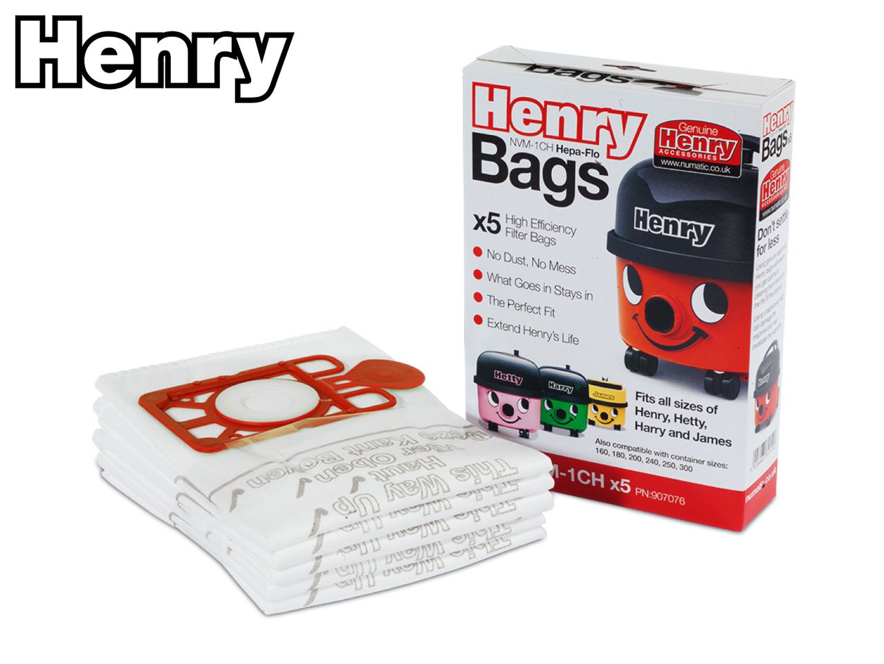 Henry vacuum cleaner bags and packaging, featuring Henry, Hetty, Harry, and James vacuums.