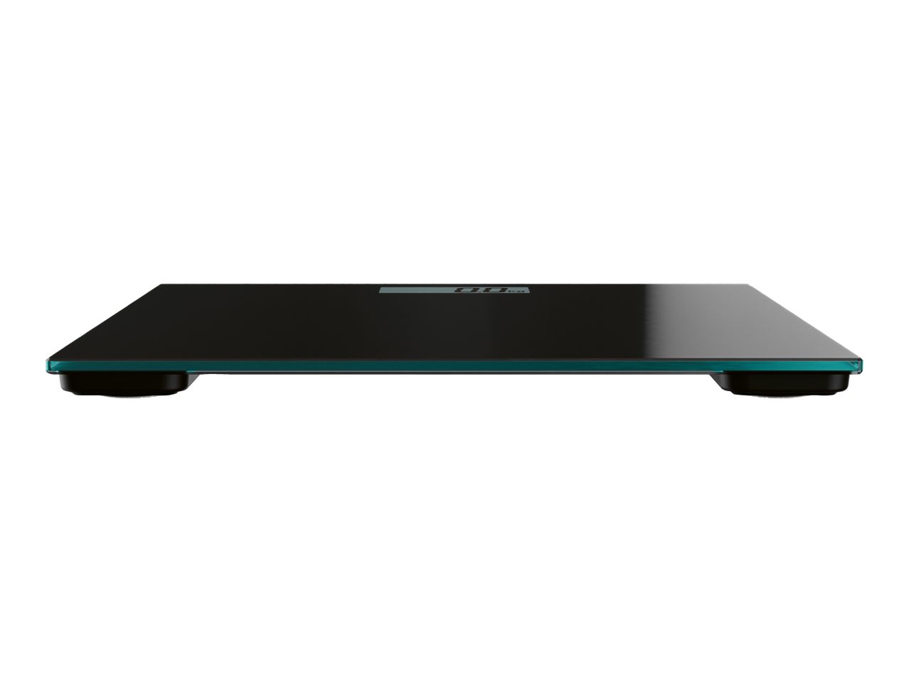 Digital bathroom scale with a black glass surface and a teal edge