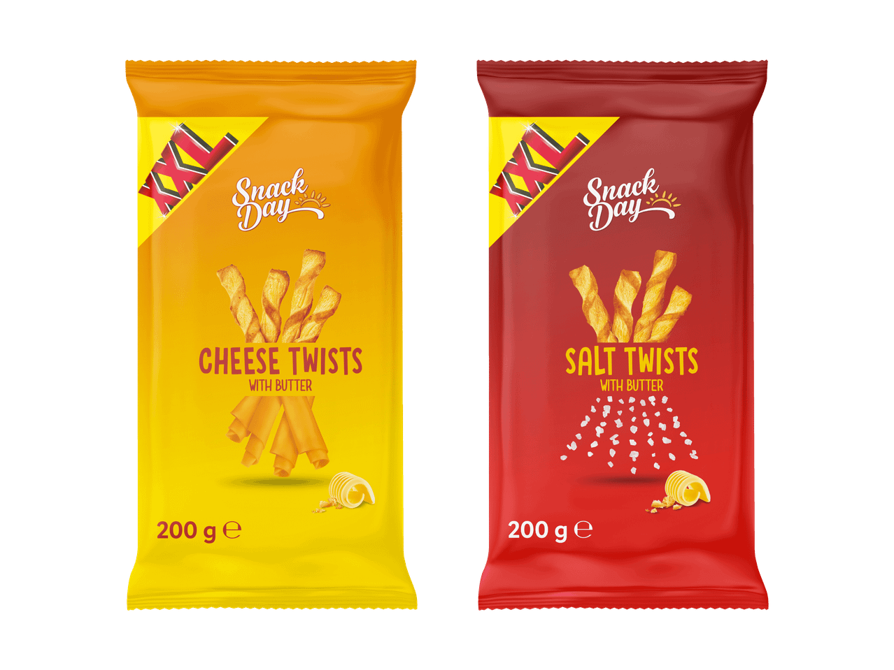 Deux paquets Snack Day, un jaune avec des torsades au fromage et un rouge avec des torsades salées.