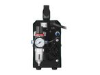 Rear view of a black and green welding machine with a pressure gauge and filter.