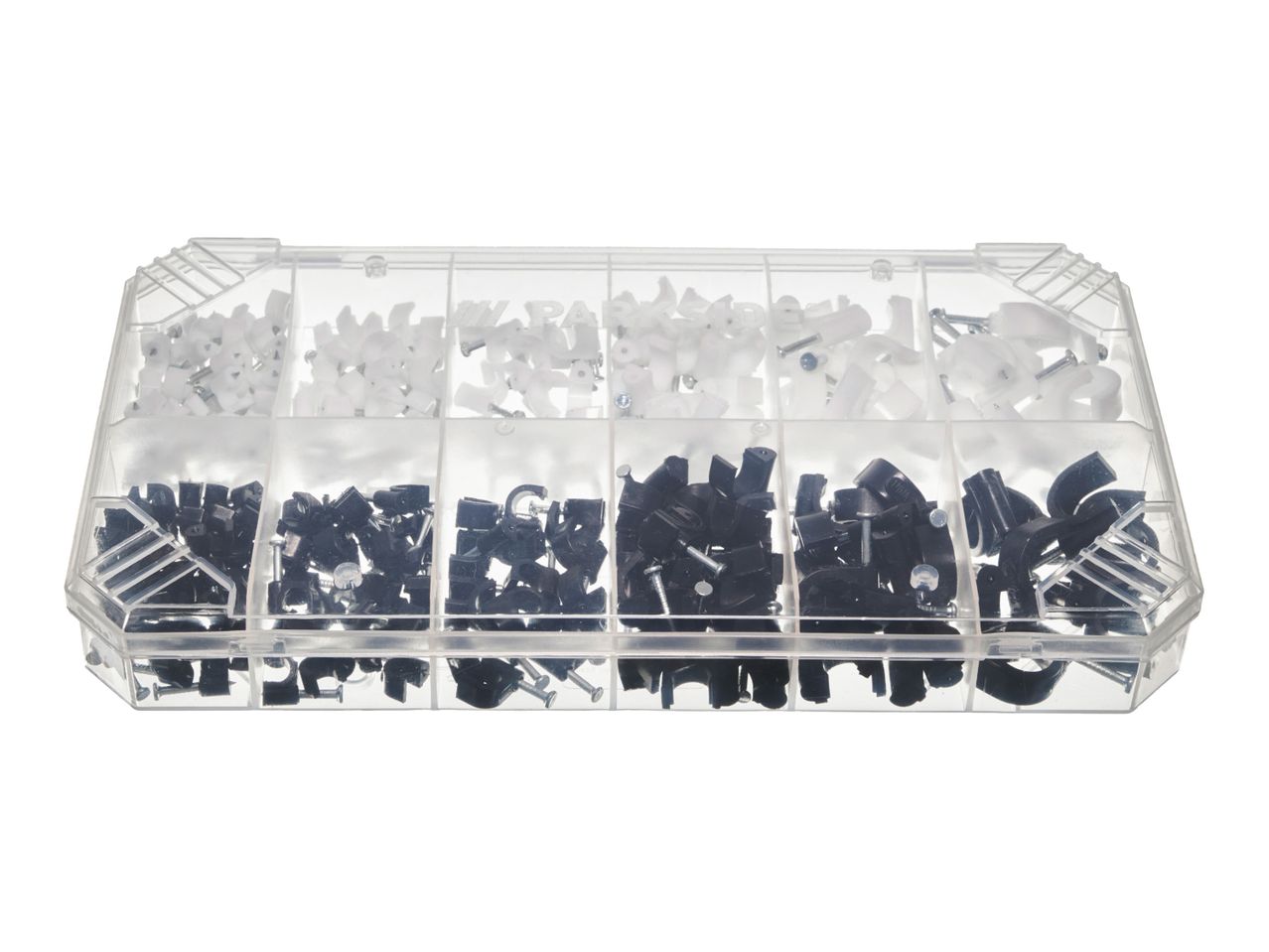 Cable clips and nails in a clear plastic box.