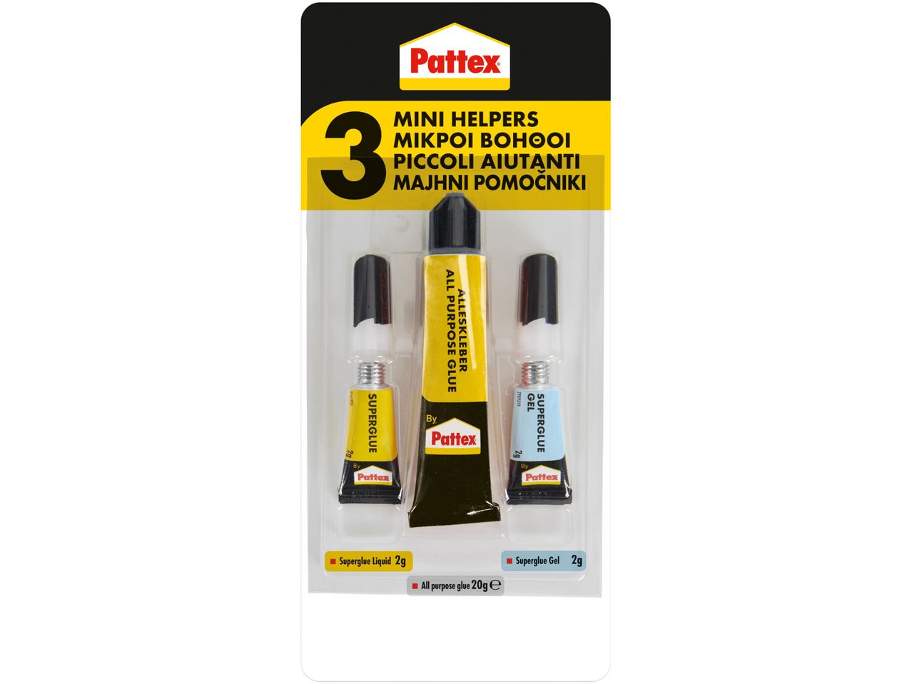 Pattex Mini Helpers adhesive kit includes superglue liquid, superglue gel, and all-purpose glue.