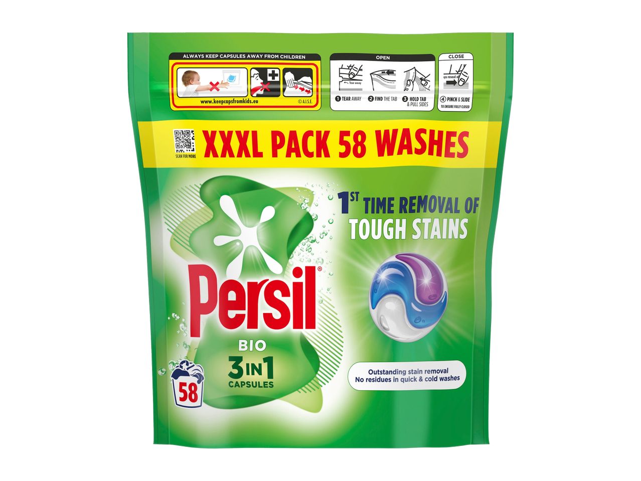 A green and white Persil laundry detergent pouch with 58 capsules, featuring instructions and warnings.