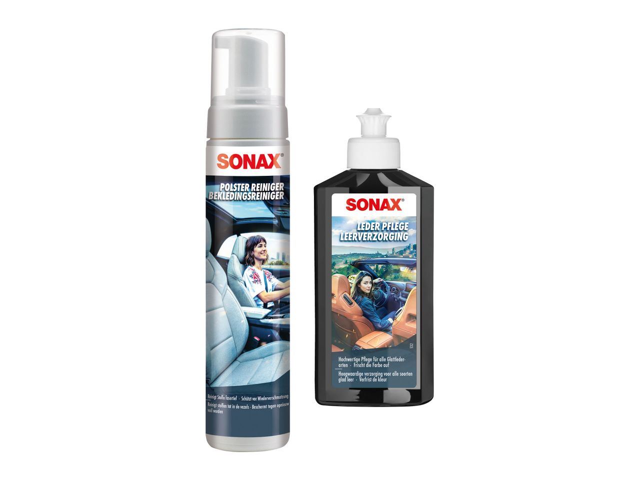 Polsterreiniger und Lederpflege für Autos, mit Bildern von Frauen in Autoinnenräumen.