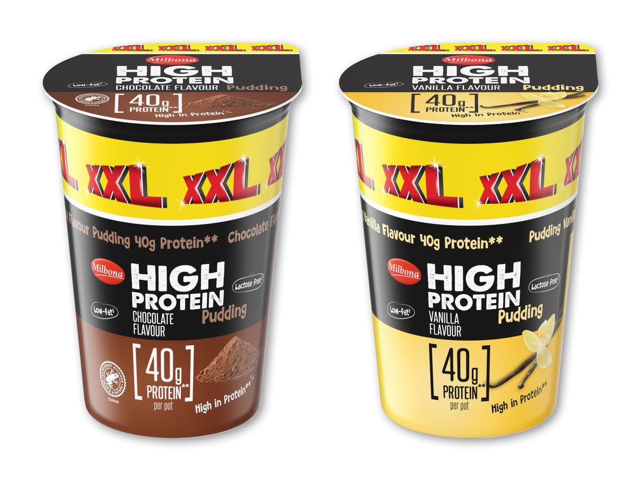 To Milbona High Protein puddings: chokolade og vanilje, hver med 40g protein.