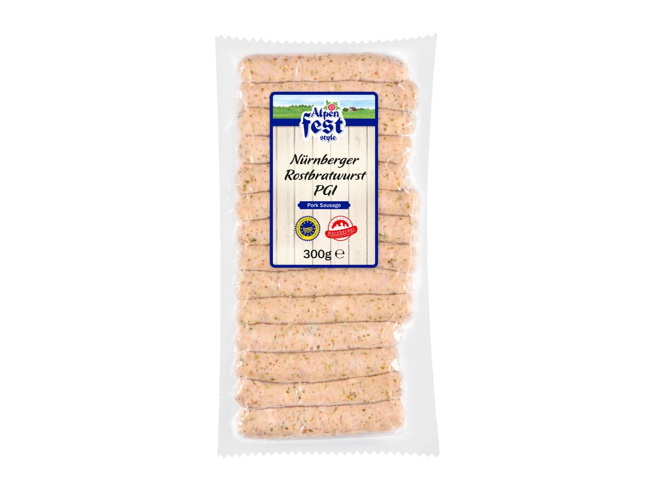 A pack of pork sausages, Nürnberger Rostbratwurst PGI, 300g