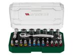 A Parkside socket wrench set with various bits and sockets in a clear case.