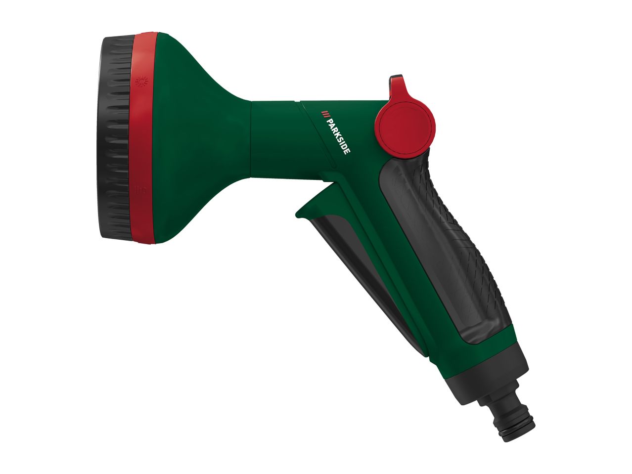 Green and red garden spray gun with a black handle and nozzle