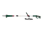 A green and white cordless pole saw with a black shoulder strap.
