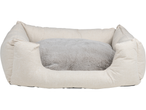 Cama para cachorro bege com uma almofada cinza.