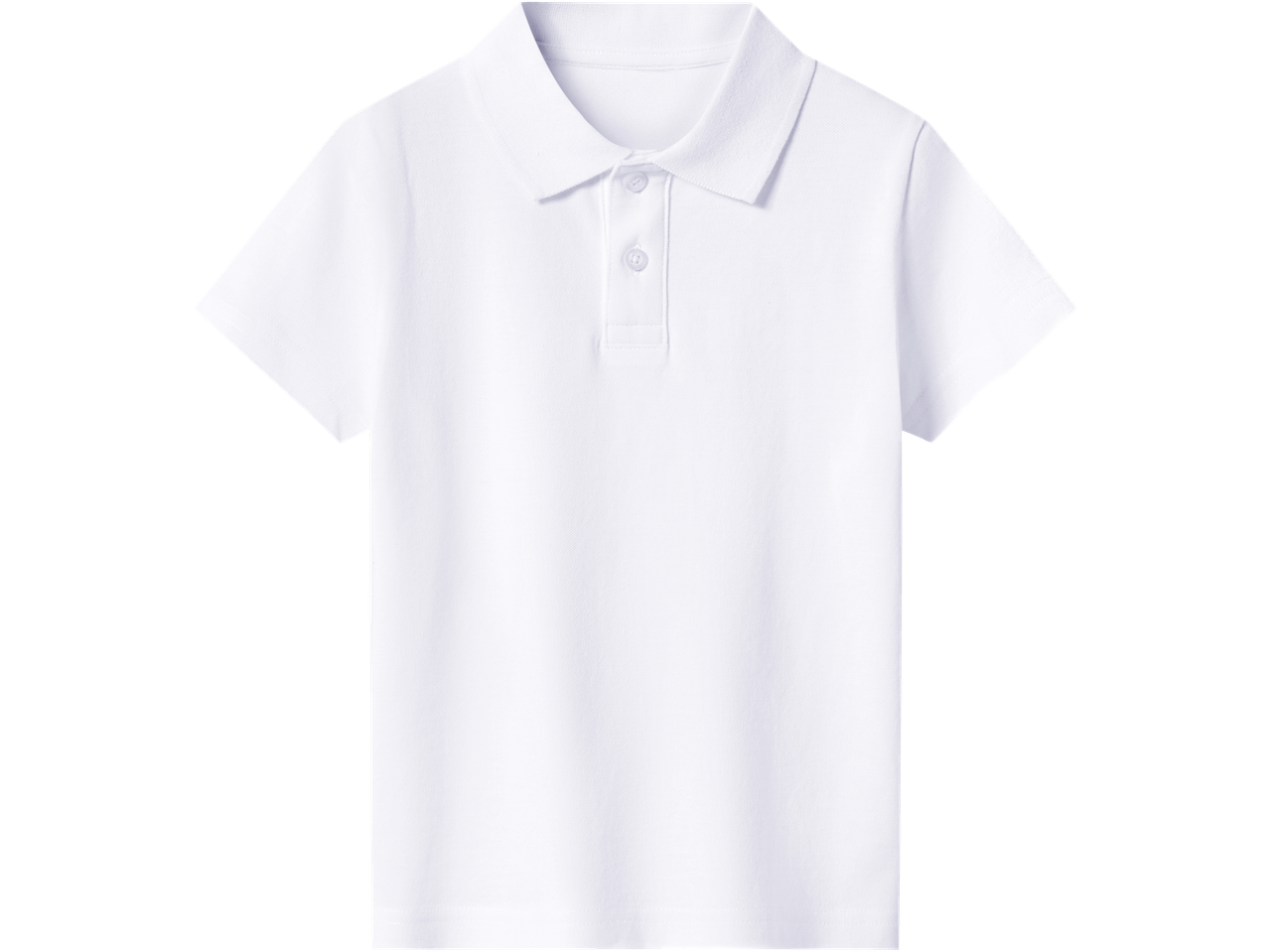 White short-sleeved kids' polo shirt with a collar and two buttons