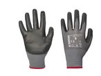 Two gray and black work gloves, one showing the palm and the other the back with labels.