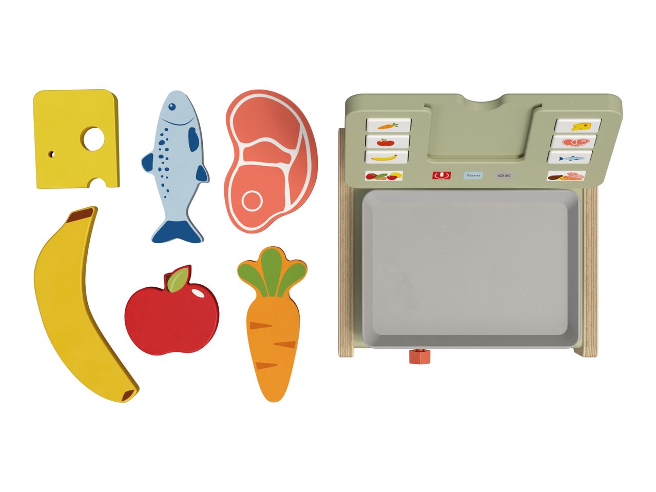 Play food scale with wooden cheese, fish, meat, banana, apple, and carrot.
