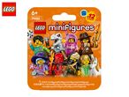 Orange blind bag for collectible minifigures, showing various characters like a wizard, a dinosaur, and a unicorn.