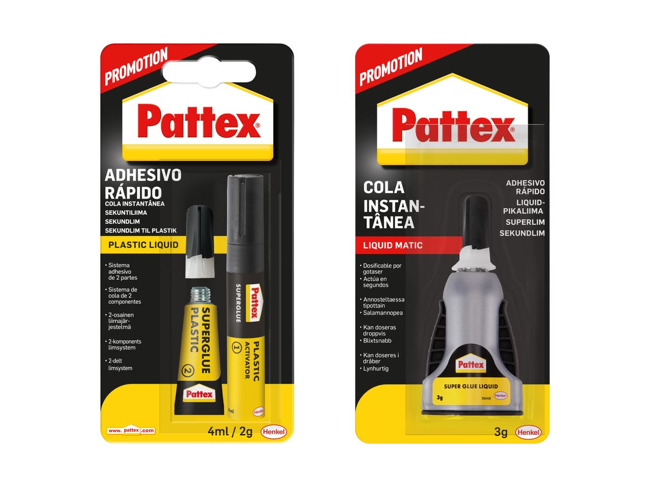 To Pattex superlim produkter i forskellige størrelser og emballage vises.
