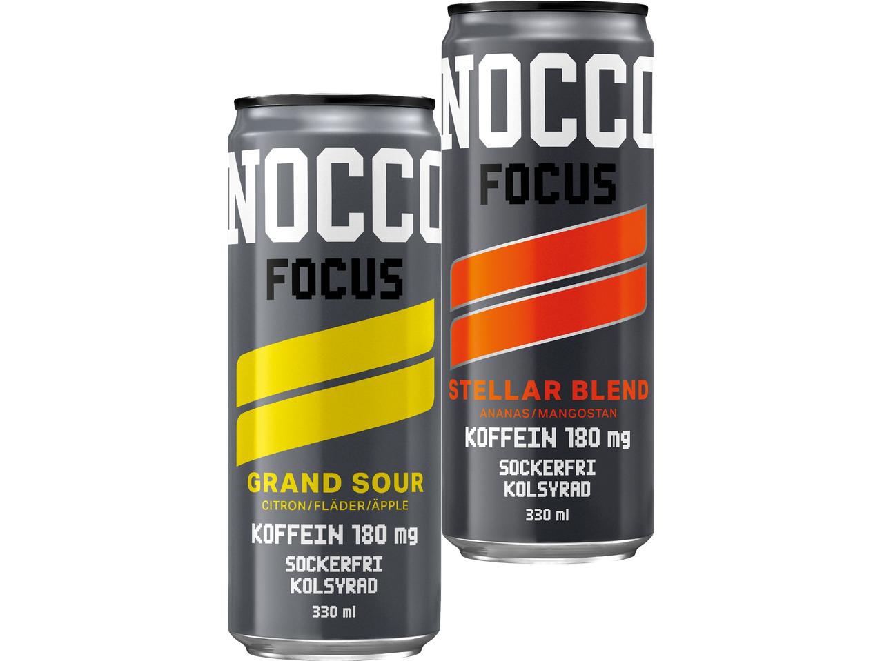 Två burkar NoCCO Focus, en Grand Sour och en Stellar Blend.