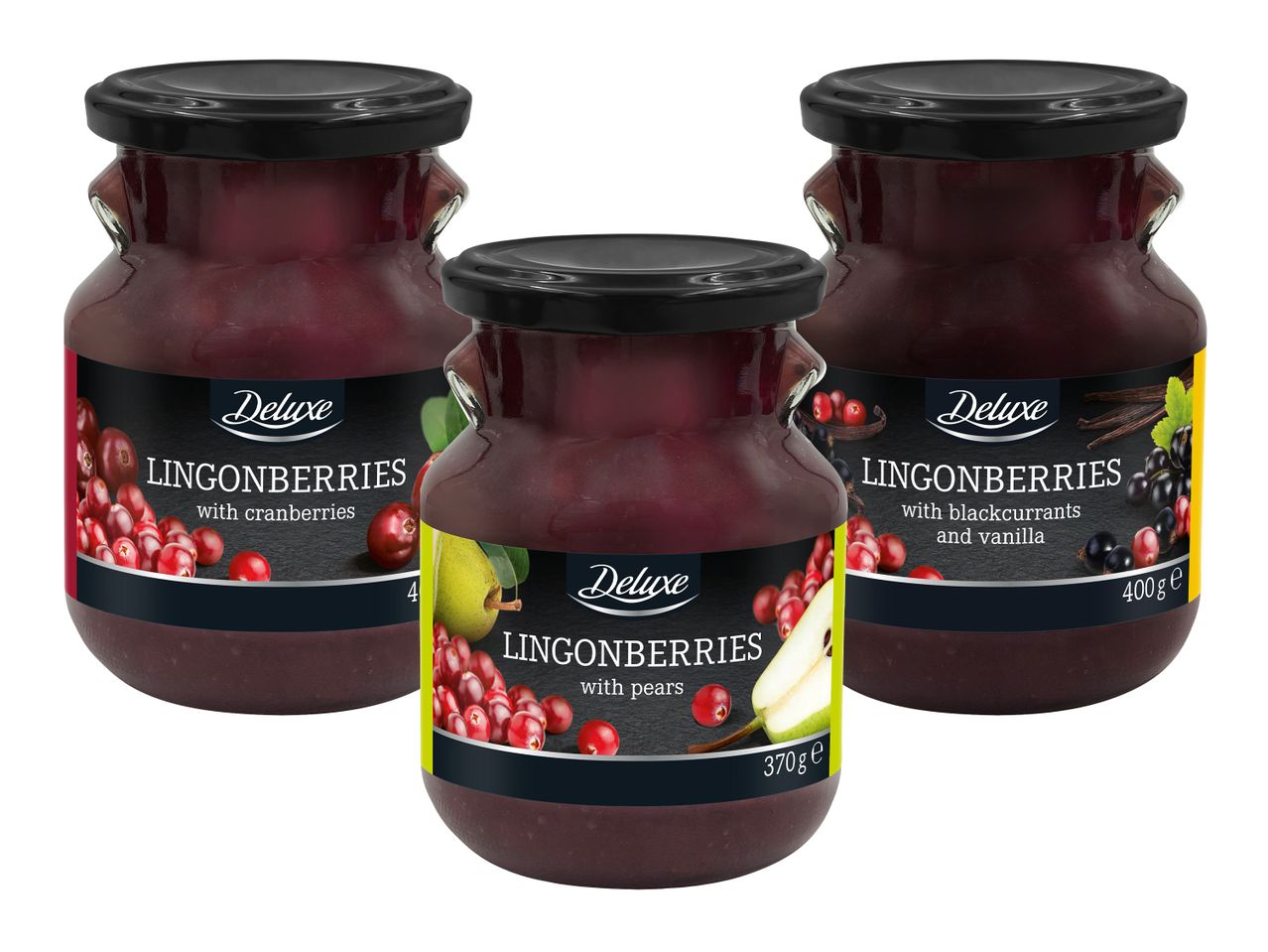 Trei borcane de gem de lingonberry Deluxe: cu afine, cu pere și cu coacăze negre și vanilie.