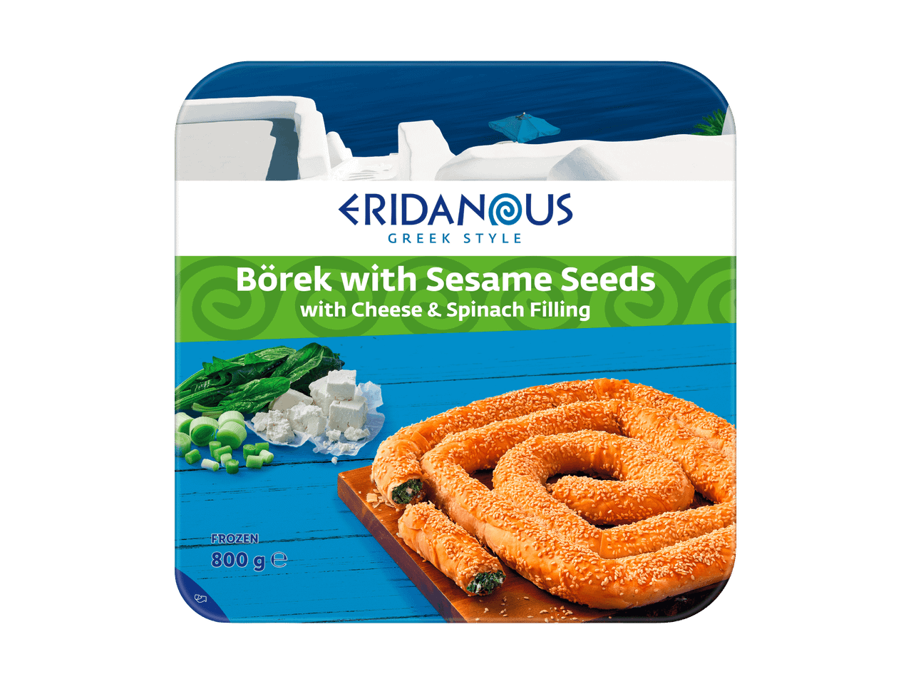 Paquet de Börek aux graines de sésame, garni de fromage et d'épinards, style grec, surgelé, 800g.
