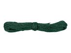 A neatly coiled dark green rope, ready for various uses.