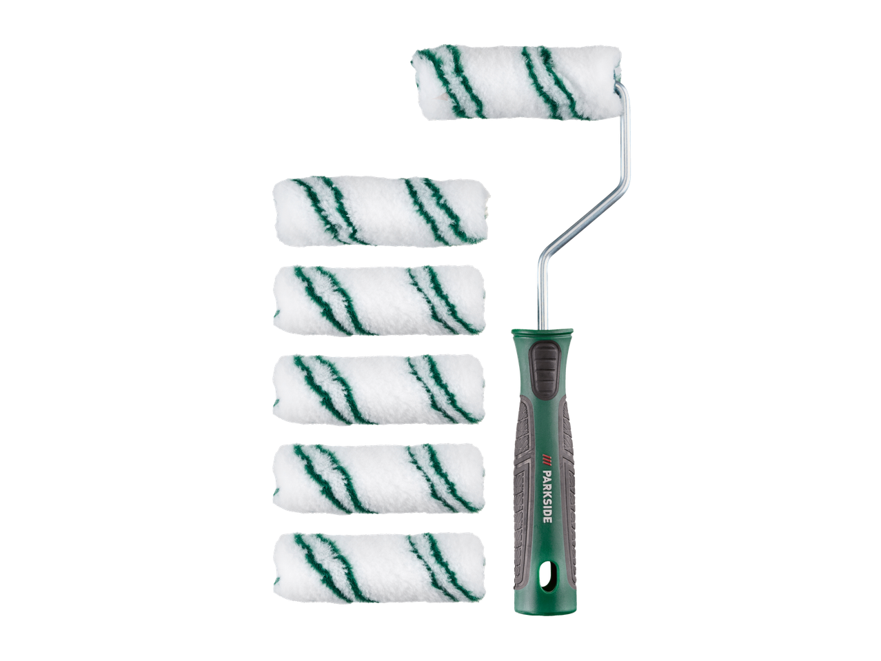 Parkside värvirull koos kuue rohelise-valgetriibulise täitega.