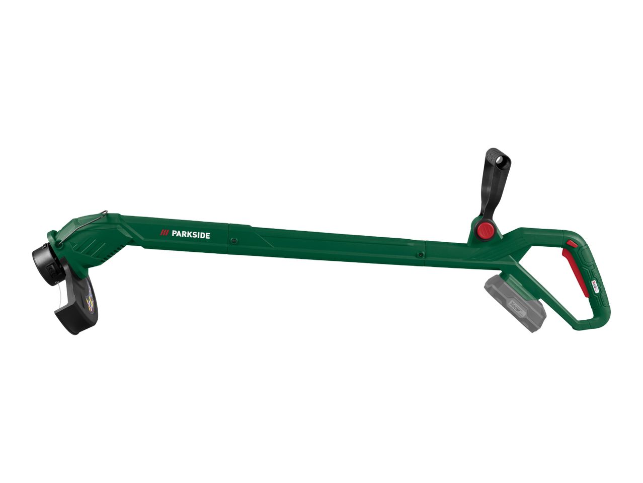 Cordless grass trimmer with a long green shaft, black handle, and red accents.