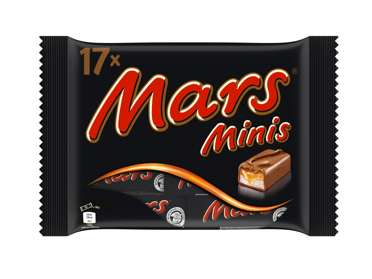 Een zwarte verpakking met 17 mini chocoladerepen, met een doorgesneden reep die de karamelvulling toont.
