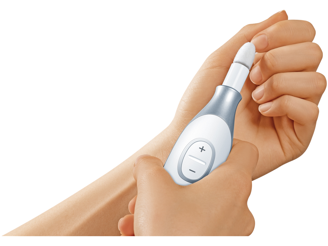 Sanitas set za manikuru/pedikuru u ruci, s bijelim nastavkom za poliranje.