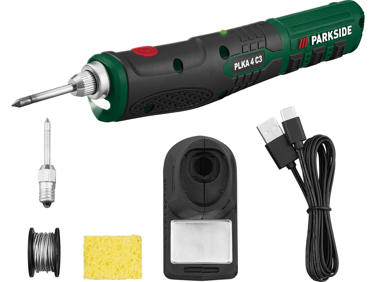 En Praktikus lödkolv med tillbehör: extra spetsar, svamp och USB-laddare.