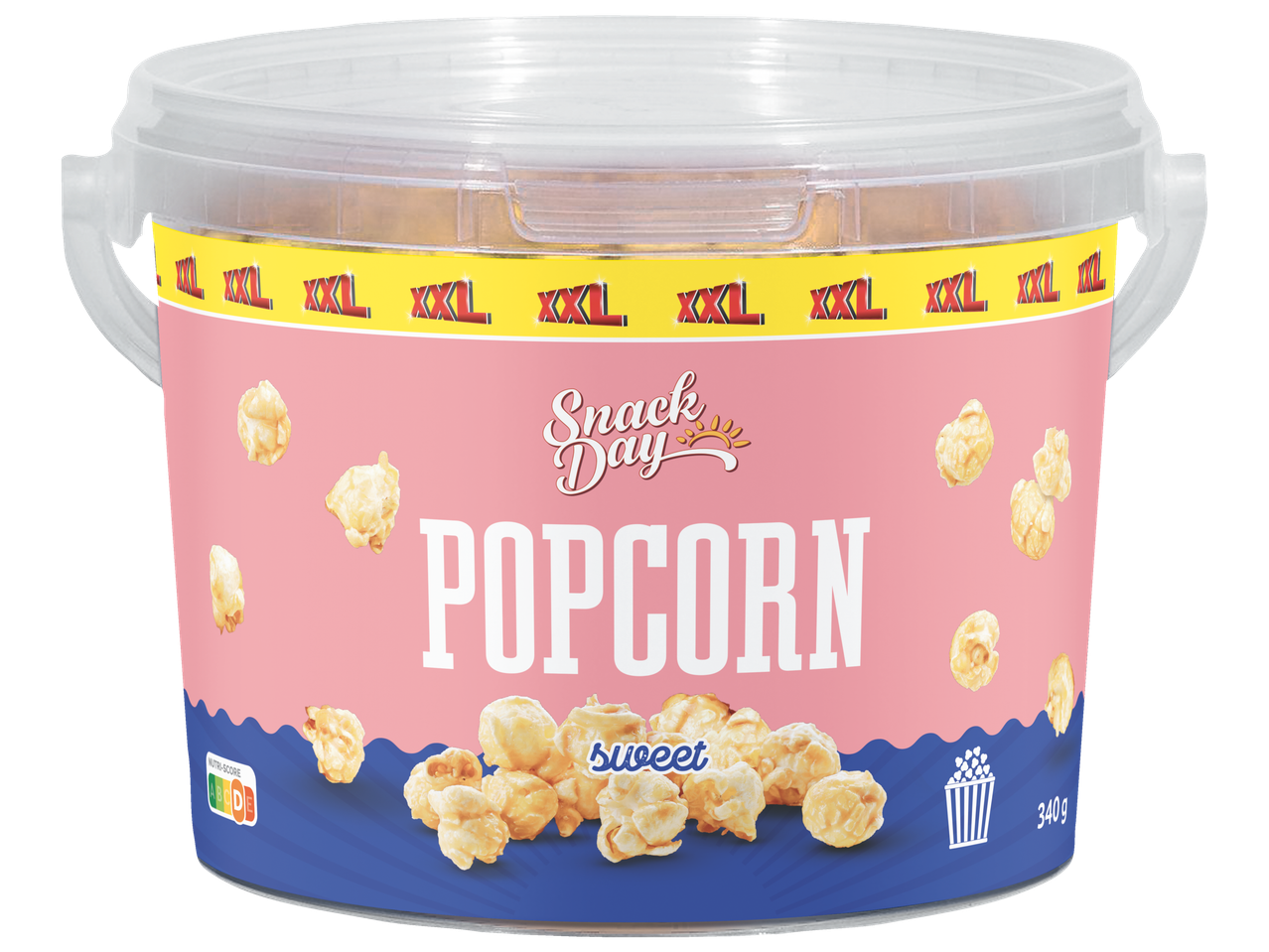 Een grote emmer Snack Day popcorn, zoete smaak, met de aanduiding XXL.