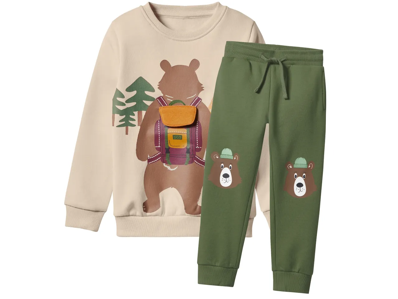 Комплект от суичър и панталон с щампа на мече и дървета