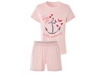 Pink women's pyjama set with a nautical theme featuring an anchor and life preserver heart.