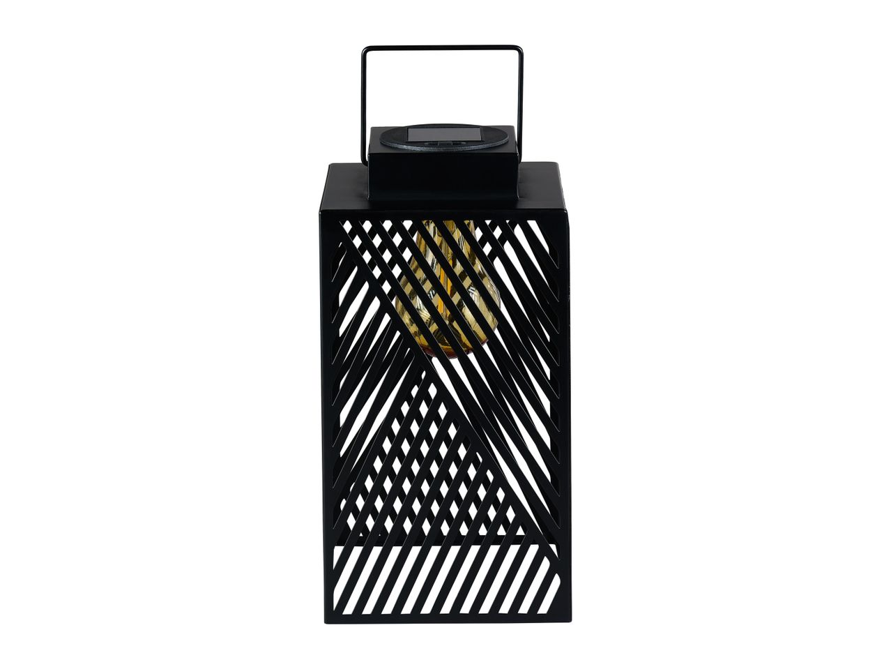 Black metal lantern with glass shade and solar panel.