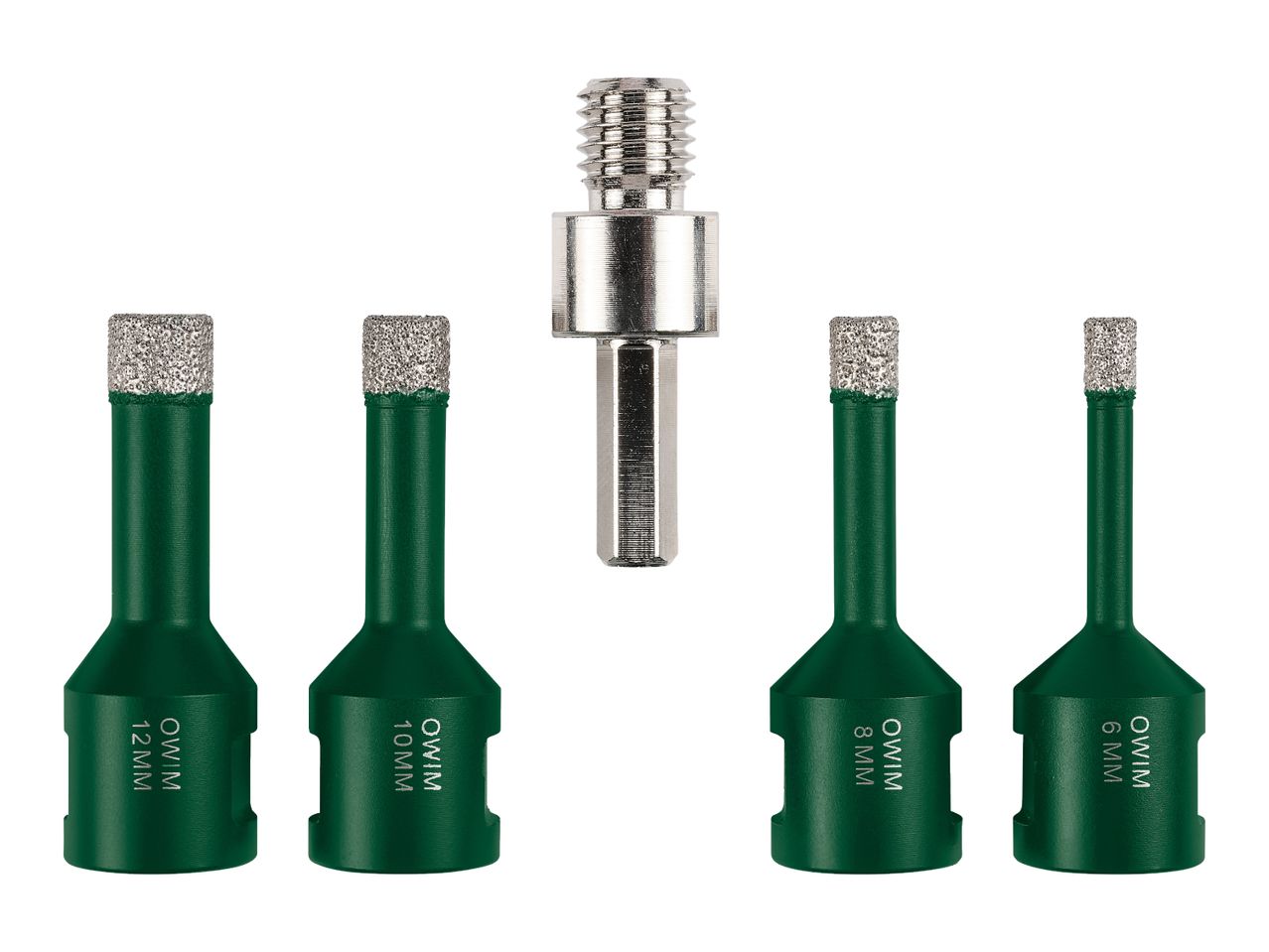 Set of four green diamond drill bits in various sizes (6mm, 8mm, 10mm, 12mm) and a silver adapter.