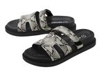 Pair of women's sandals with black soles and grey snakeskin-patterned straps.