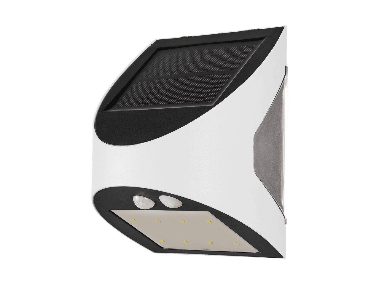 Weiße Solar-Wandleuchte mit Bewegungssensor und Solarpanel.
