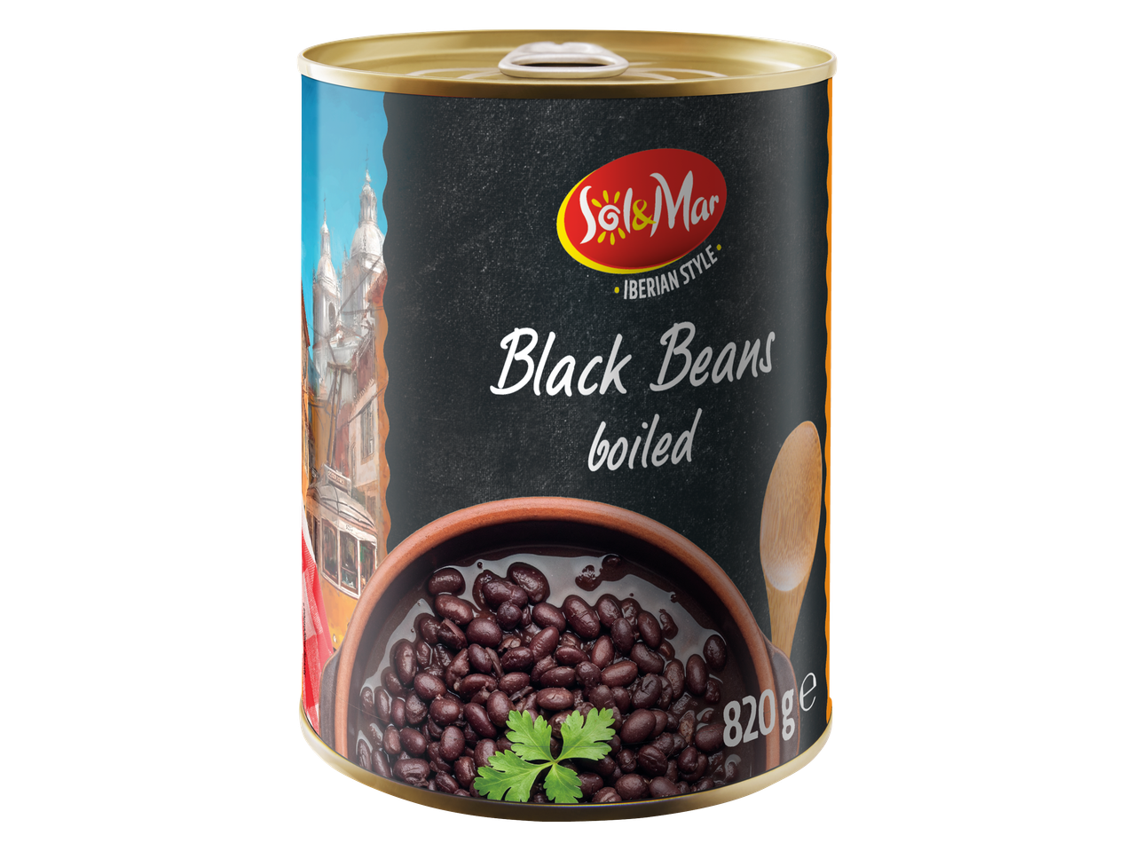 Консерва с черен боб, с надпис „Black Beans boiled“ и „Iberian Style“, 820g.