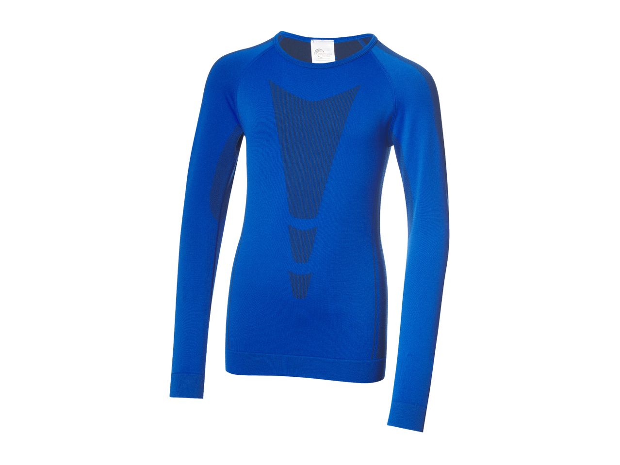 Blue long-sleeved athletic shirt with dark blue patterned accents