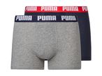 Two pairs of Puma boxer briefs, one gray with a navy waistband and one navy with a red waistband.