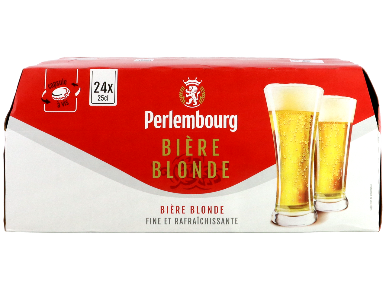 Un pack de 24 bières blondes de 25cl, avec des verres de bière et l'inscription 'fine et rafraîchissante'.