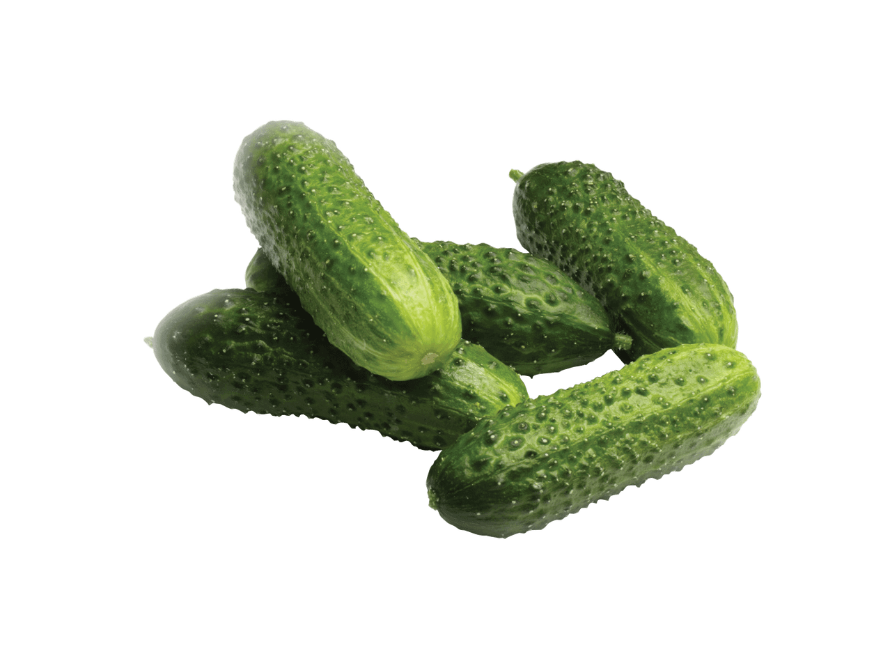 Seši svaigi, zaļi gurķi ar nelieliem izciļņiem, kas sakrauti kaudzē.