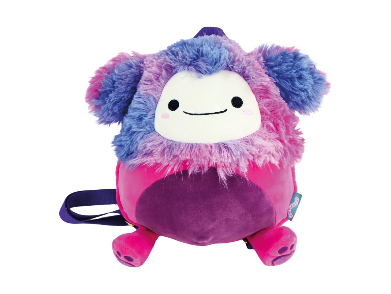 A Soul Mellows plush backpack in pink and purple.