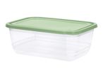 Rectangular clear food storage container with a light green lid.