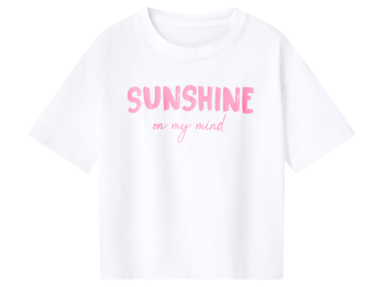 Fehér női póló rózsaszín 'SUNSHINE on my mind' felirattal.