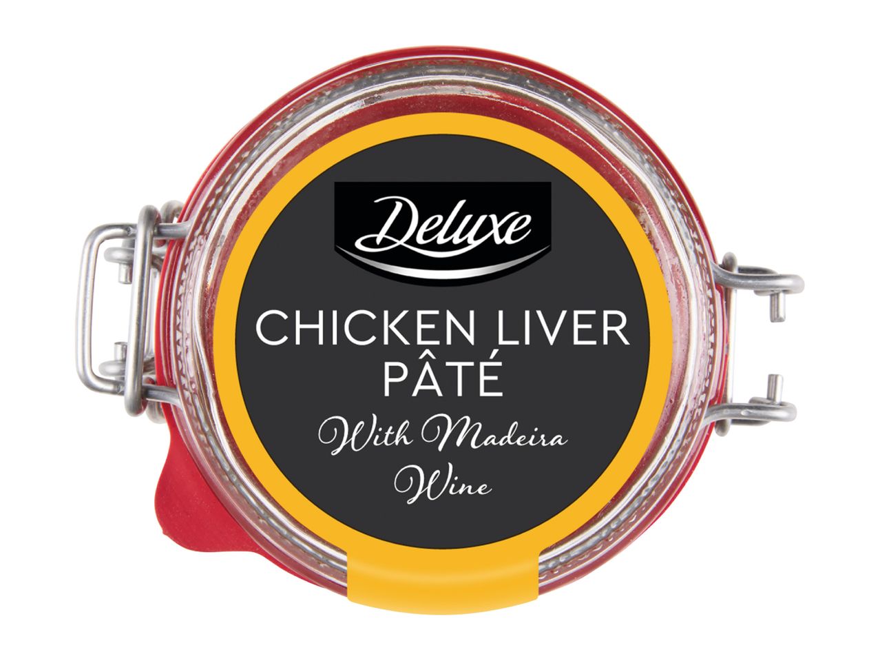 A jar of Deluxe Chicken Liver Pâté with Madeira Wine, viewed from above.