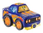 A blue VTech toy race car with orange flames and a smiling face on the windshield.