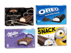 Fire pakker med kølesnacks, herunder en med kaffe- og flødesmag, en med chokolade- og mælkesmag, en med chokolade og en med banan.